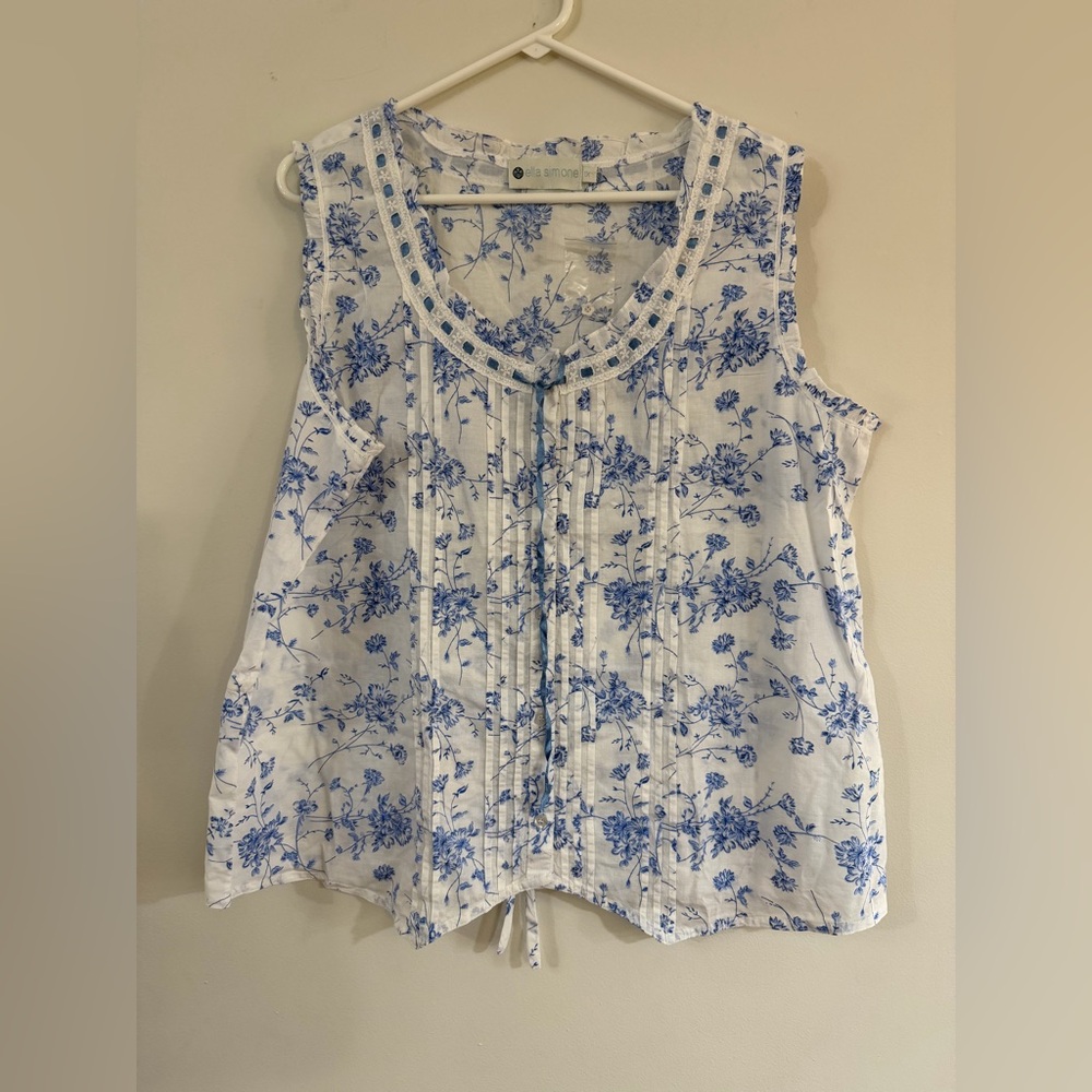 Ella Simone Pajama Set Blue Danube Toile 100% Cotton Capri Pants Tank Romantic - Picture 4 of 16